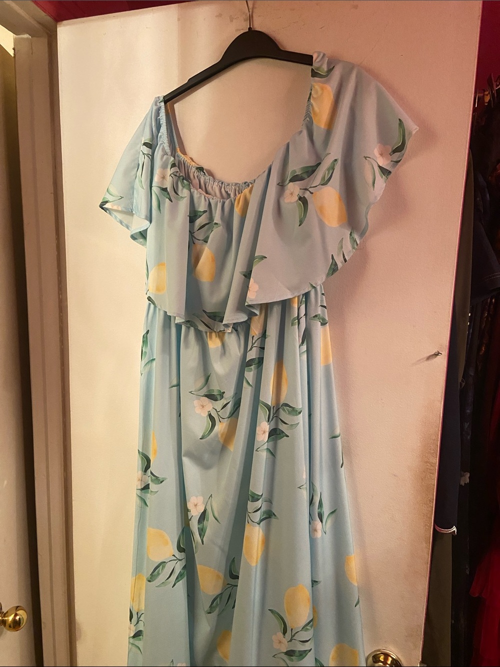 SHEIN Light Blue Lemon Print Off-Shoulder Maxi Dress